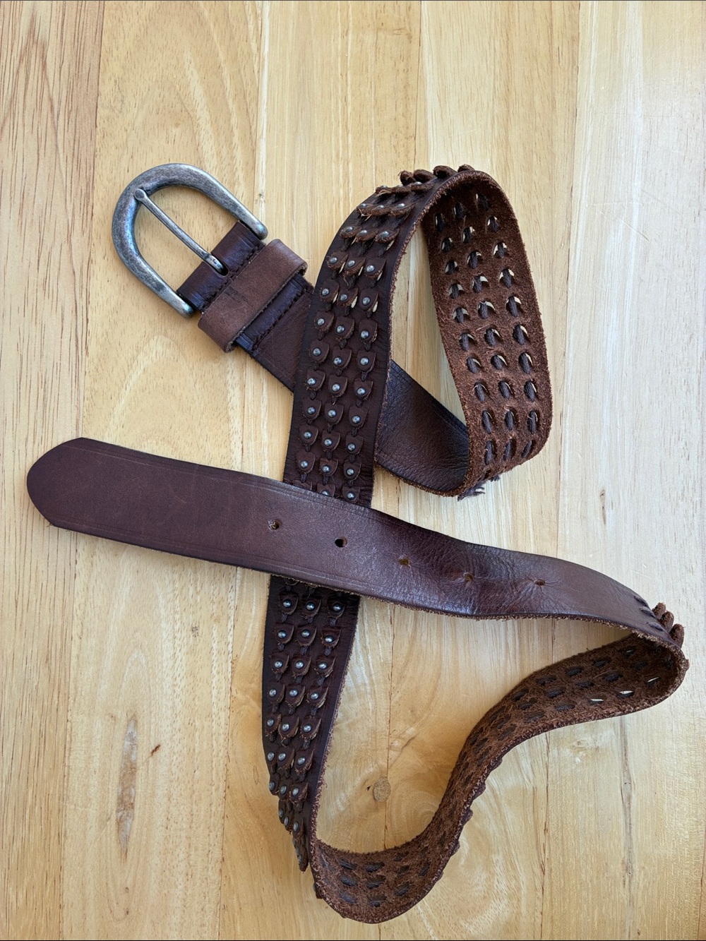 J. Crew Brown Leather Belt cool cut out studded woven scale design metal buckle